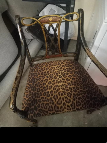 Exotic Antique Ebony Laquered Chair, Detailed With Red Laquer And Gold Cover