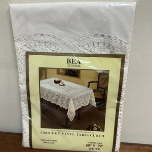 Vintage Crochet Vinyl Tablecloth 60 x 90 White Soft Wipe Clean NEW NOS - Picture 1 of 7