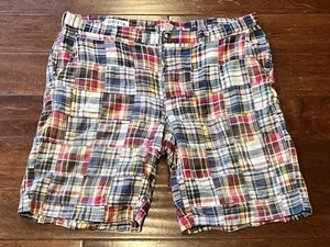Orvis Blue Green Red Madras Plaid 4 Pocket Mens 40 Patchwork 10 in Chino Shorts - Picture 1 of 13