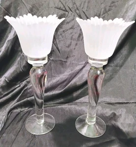 COPPIA CANDELA BASTONE CRISTALLO TRASPARENTE 13-1/2" con TULIPANO GHIACCIATO TOP VOTIVI MADE ROMANIA - Foto 1 di 4