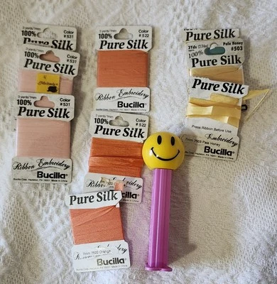 Lote de cintas bordadas Bucilla 100 % seda pura: coral/amarillo 6 nuevas/3 abiertas 7 mm 3 yardas Foto 1 de 4