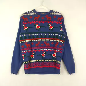 Run & Fly Jumper Unisex Medium Blue Christmas Jumper Dinosaur Retro - Picture 1 of 4