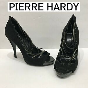 Pierre Hardy Black Suede Strappy Rhinestone Peep Toe Sandal Heels Pumps Sz 40 10