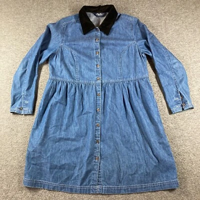 Vintage Eddie Bauer Denim Velvet Collared Long Sleeve Button Up Dress Y2K Medium - Image 1 of 4
