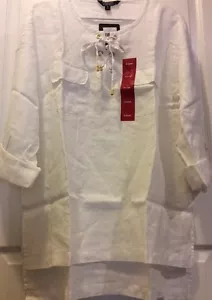 NEW Women's White Woven Top XL Shirt Tunic Career $89 Linen Roll Up Sleeve NWT - Picture 1 of 12