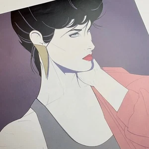 Patrick Nagel Vintage-Druck schulterfrei drapiert Baggy rosa Pullover feminine Kunst Dekor - Bild 1 von 6