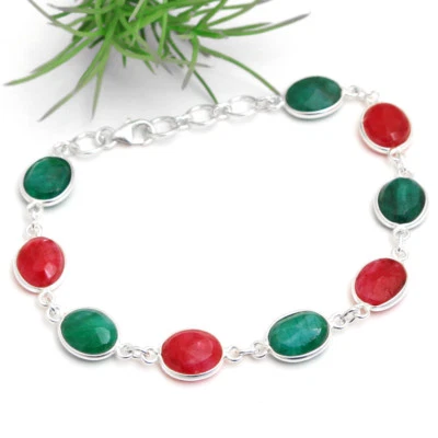 Faceted Ruby, Emerald red and green bracelet 925 sterling silver jewelry 8" - Image 1 of 2