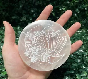Engraved Selenite Plates 4'', Selenite Smudging, Charging, Crystal Platform - Picture 1 of 17