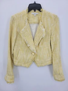 Cabi Blazer Womens Small Yellow Tweed Cropped Old Money Fringe Trim Jacket - Picture 1 of 10