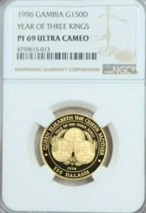 1996 GAMBIA GOLD 150 DALASIS YEAR OF THREE KINGS NGC PF 69 ULTRA CAMEO TOP POP - Picture 1 of 3