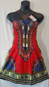 Abito donna corto midi sole stampa africana dashiki estivo taglia gratis rosso giallo blu - Foto 1 di 6