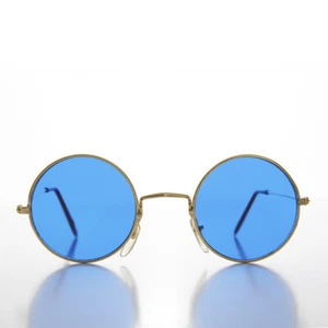 Round Circle Sunglass with Blue Tinted Lens Gold Frame - Benji - Picture 1 of 3