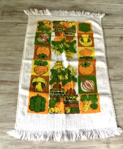 Vtg 70s Vegetables Mushroom Spices Kitchen Terry Hand Towel Retro Fringe USA - Picture 1 of 10