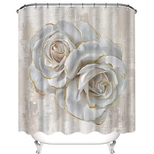 White Rose Shower Curtain Retro Floral Decorative Bath Curtain Elegant Flower... - Picture 1 of 5