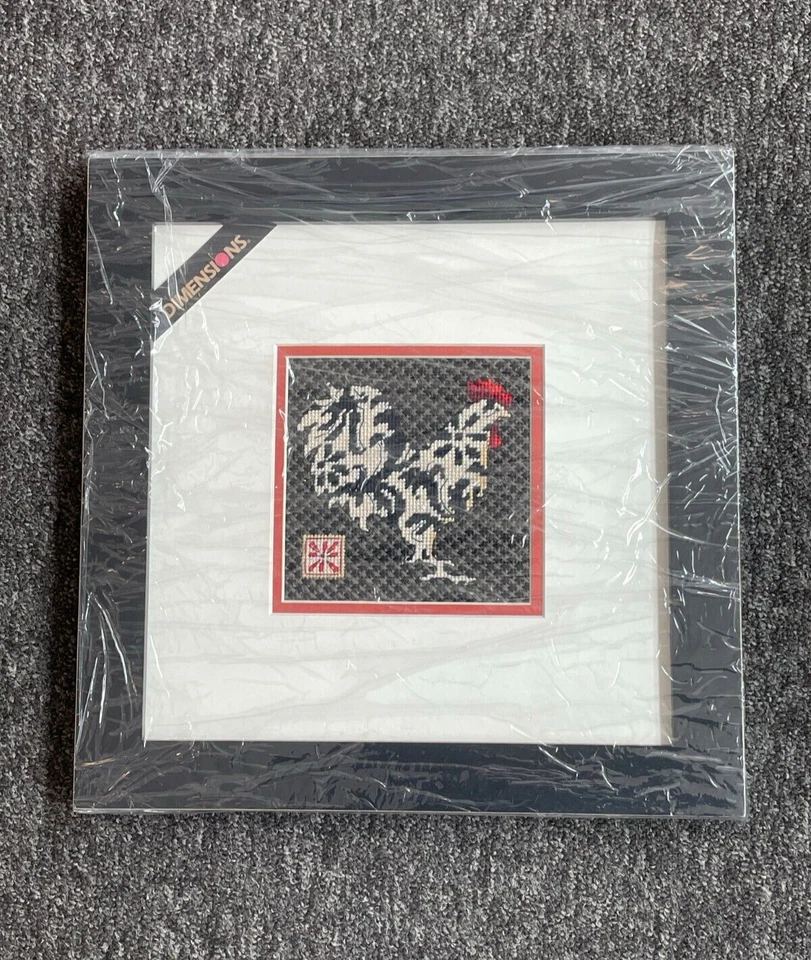 FRAMED COMPLETED CROSS STITCH: BLACK & WHITE ROOSTER: 35 x 30cm - Image 1 of 1