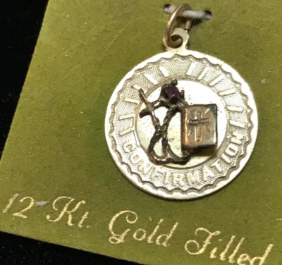 Vintage CONFIRMATION Charm Pendant 12k Yellow Gold Filled Red Stone NOI NOS - Image 1 of 4