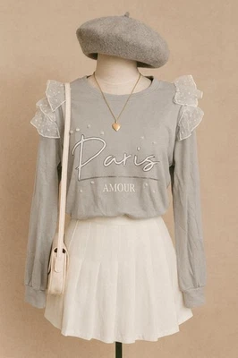 Lindo Top Jersey Select Gris Blanco Paris Amore M Encaje Volantes Perla Lunares Foto 1 de 4