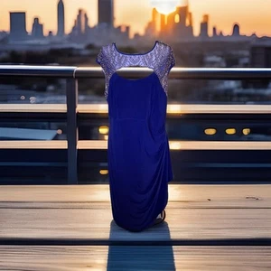 MSK Woman Midnight Blue Beaded Mesh Party Cocktail Dress Size 16W NWT - Picture 1 of 8