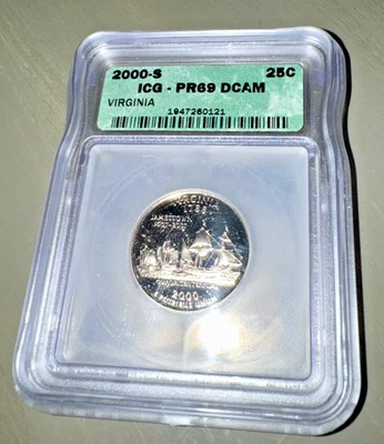 2000-S Virginia State Quarter – ICG PR69 DCAM – Deep Cameo Proof–Jamestown Ship - Image 1 of 4