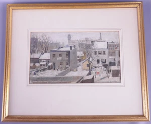 # 20th Century Snowy Suburban firmado J.F. Pintura al óleo impresionista Burns - Imagen 1 de 24
