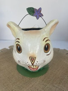 Vintage 1990s Department Dept 56 Easter Bunny Rabbit Basket Handled Paper Mache - Picture 1 of 9
