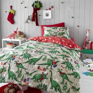 HLC Girls Boys Kids Christmas Dinosaur Glow In The Dark Duvet Cover Curtains - Picture 1 of 21