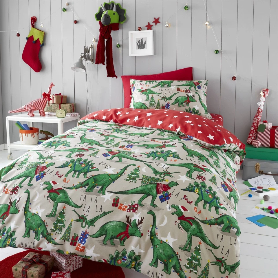 HLC Girls Boys Kids Christmas Dinosaur Glow In The Dark Duvet Cover Curtains - Image 1 of 1