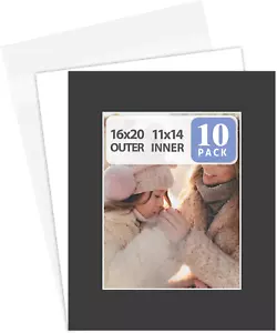 , Pack of 10 16X20 Black Picture Mats Mattes with White Core Bevel Cut for 11X14 - Picture 1 of 7