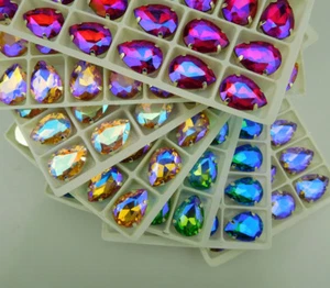 silver Settings Sew on Crystal Glass Rhinestone Teardrop AB color size Choice - Picture 1 of 12