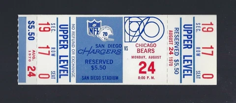 1970 SAN DIEGO CHARGERS FIRST SEASON IN NFL vs CHICAGO BEARS FULL TICKET Cover
