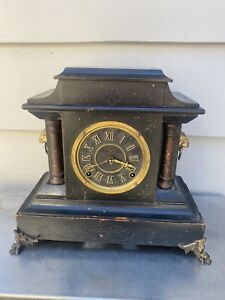 Vintage Black Iron Case Mantel Clock w/ Pendulum & Lion Head Handles P/R