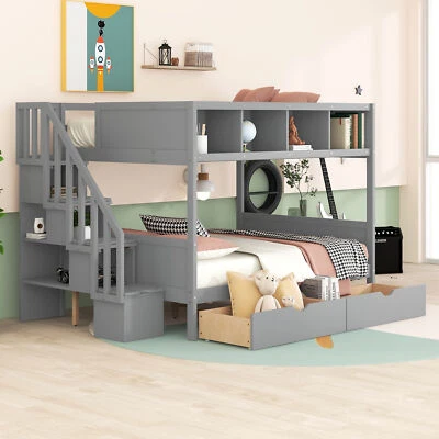 Twin over Full Bunk Bed with Top Shelves & Under-Bed Drawers w/Storage Staircase - Image 1 of 4