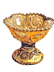 Vtg Pressed Glass Bowl Sawtooth Rim Thick Gold Trm Starburst Peddistal Bowl NICE - Picture 1 of 5