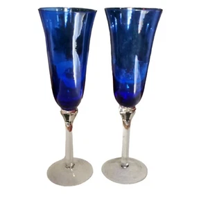 PAIR OF COBALT BLUE Clear Stems CHAMPAGNE FLUTES - 8" Wine Glasses - Picture 1 of 14