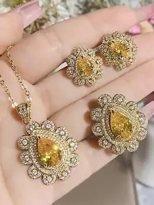 4pcs/set Gold-tone Yellow Gemstone Necklace, Earrings, Ring Jewelry Set Jewelry - Picture 1 of 5