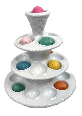 Williams Sonoma Blanco Cerámica 10" Huevo Árbol 3 Niveles Cesta Tejido Soporte Centro de Mesa Foto 1 de 4