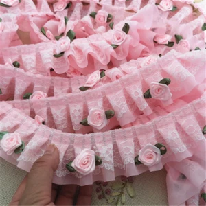 100cm Pink Rose Flower Ruffle Lace Trim Chiffon Pleated Ribbon Crafts 5cm Width - Picture 1 of 7