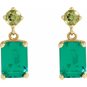 14K Pair of Gold 7 x 5 mm Lab-Grown Emerald & Natural Peridot Dangle Earrings - Picture 1 of 2