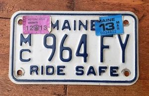 2013 Maine "Ride Safe" Motorcycle License Plate MC 964 FY w/Inspection Sticker - Picture 1 of 2