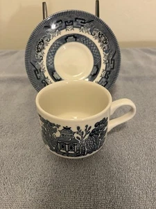 Churchill Blue Willow Teacup and Saucer Set Blue White - Picture 1 of 12