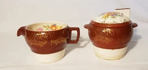 Vtg Unmarked Maroon Creamer Sugar Bowl Lid Gold Floral - Picture 1 of 13