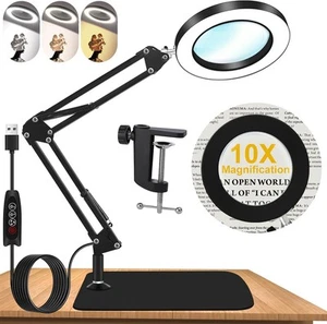 10X Magnifying Glass with Light and Stand, Dimmer Adjustable Swing Arm Black - Picture 1 of 7
