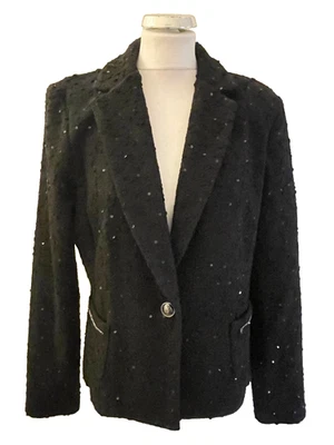 JOSEPH RIBKOFF BLACK SEQUIN TRIMMED BOUCLE UNLINED JACKET SIZE 14 - Image 1 of 4