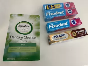 Lot Of 5 Denture Adhesive Fixodent, Polygrip Cream, 2.4oz & Signature Cleanser - Picture 1 of 3