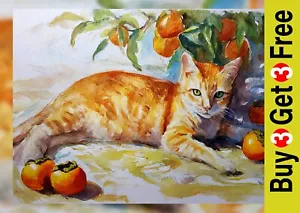 Orange Cat With Persimmons 5"x7" Print on Matte Paper | Fruit Still Life Art - Picture 1 of 17