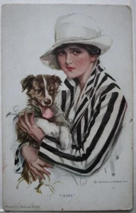 OLD POSTCARD HARRISON FISHER ELEGANT LADY IN BLACK AND WHITE STRIPED BLAZER - Picture 1 of 2