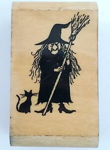 Halloween Rubber Wooden Stamp Mean Witch With Black Cat 1-1/4" x 2" 