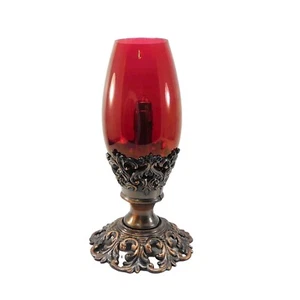 Vintage Red Glass Hurricane Candle Holder Metal Bronze Finish Mechanical Candle - Picture 1 of 11