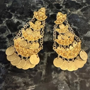 Vntg 900 Silver w Gold Wash Dangling Petite Coin Chandelier Clip Earrings Gypsy - Picture 1 of 11