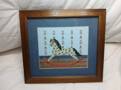 Vintage 80's 90's Rocking Horse Equestrian Framed Cross Stitch Kids Room Nursery - Image 1 of 4